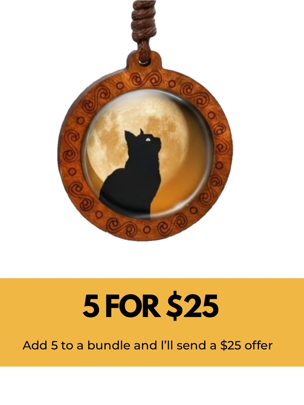 Brown Wooden Cat Moon Pendant Necklace - Cat Lover Accessory